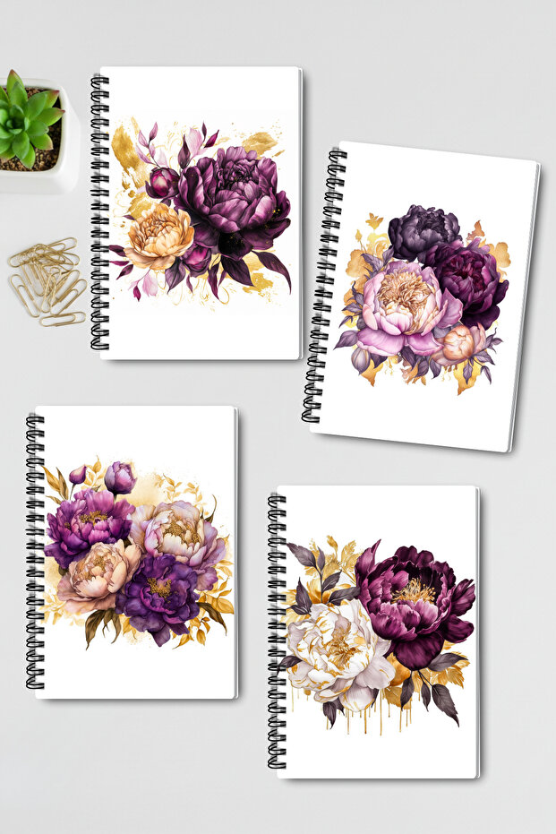 Nature Themed Colorful Flowers Design Wire Spiral A5 Unlined 4-Piece Souvenir, Memory, School Notebook Set