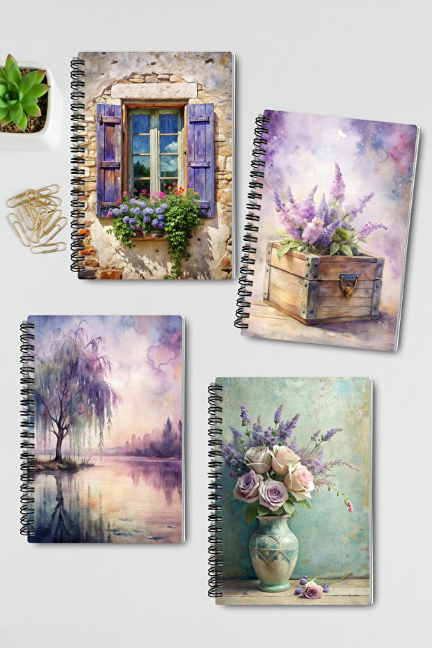 Purple Dream Nostalgic Design Wire Spiral A5 Unlined 4-Piece Souvenir, Memory, School Notebook Set