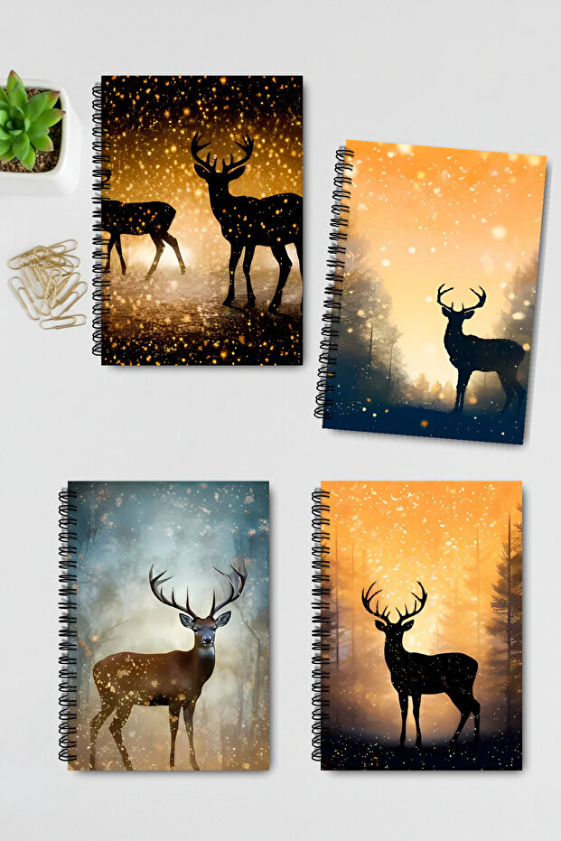 Nature Themed Deer Design Wire Spiral A5 Unlined 4-Piece Souvenir, Memory, School Notebook Set