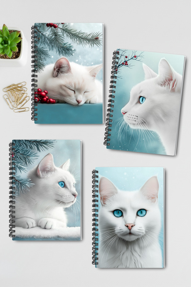 White Cat Winter Themed Design Wire Spiral A5 Unlined 4-Piece Souvenir, Memory, School Notebook Set
