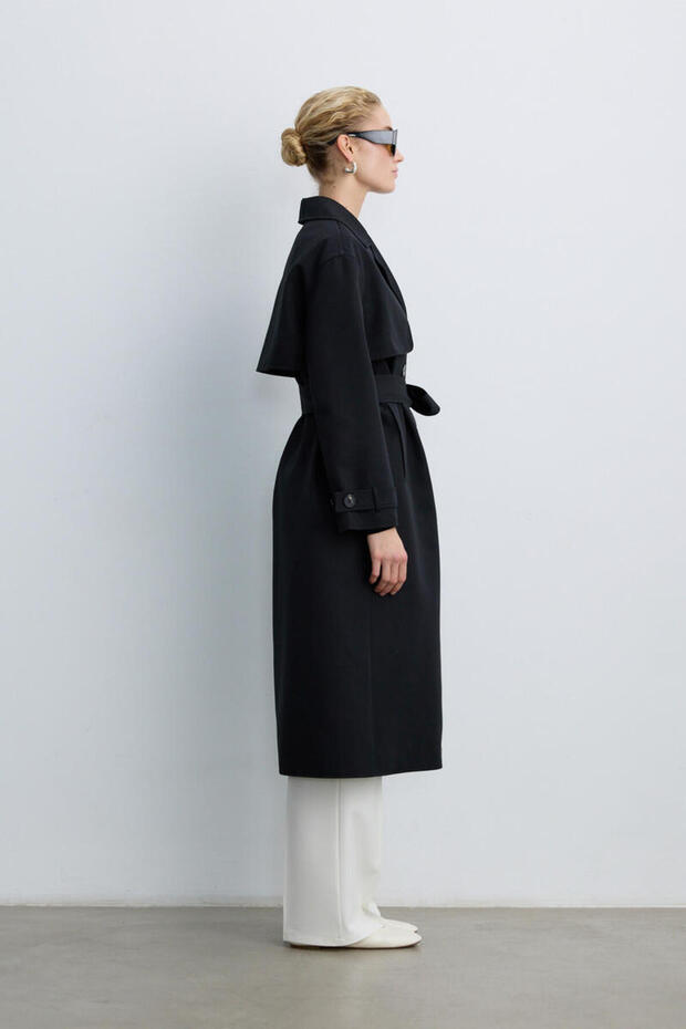 SİYAH UZUN CAPSULE TRENÇKOT - 7