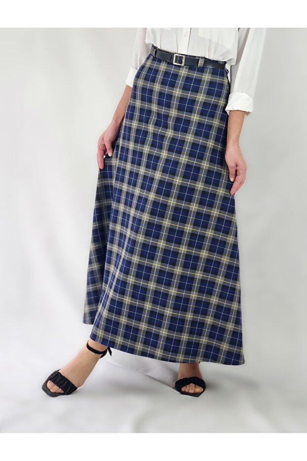 Belt Detail Maxi Size Loose Blue Plaid Woven Skirt