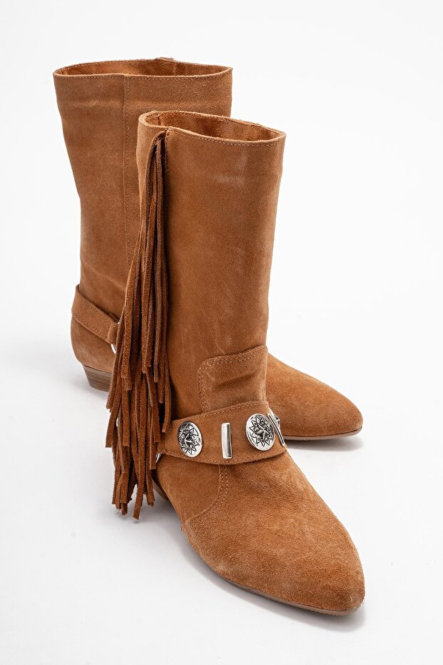 Selora Tan Suede Tasseled Genuine Leather Buckle Women's Western Boots