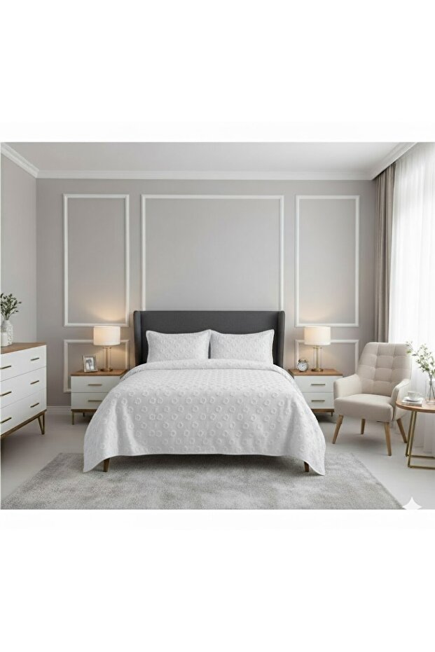 JAKARLI SAKALLI YATAK ÖRTÜSÜ TEK KİŞİLİK DAMLA KREM - 1