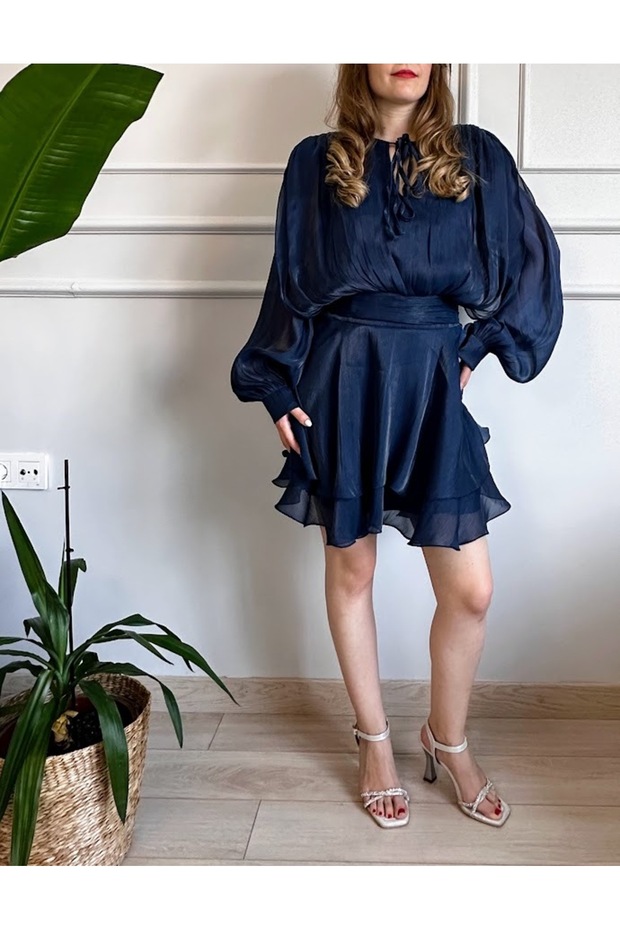 Lacivert Renkli Tüllü Vatkalı Uzun Kol Mini Gece Elbisesi - 2