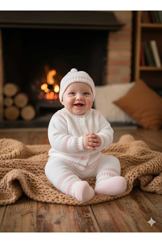 0-6 Months Baby Knitwear Four-Piece Set | Cardigan, Pants, Hat, Booties Set Winter Gift Bodysuit Tkm