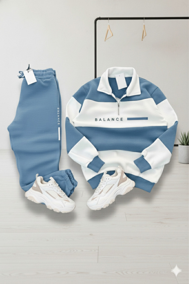 Baby Blue Unisex Five-Piece Mock Neck Balance Printed White Tracksuit Set - Top and Bottom Set