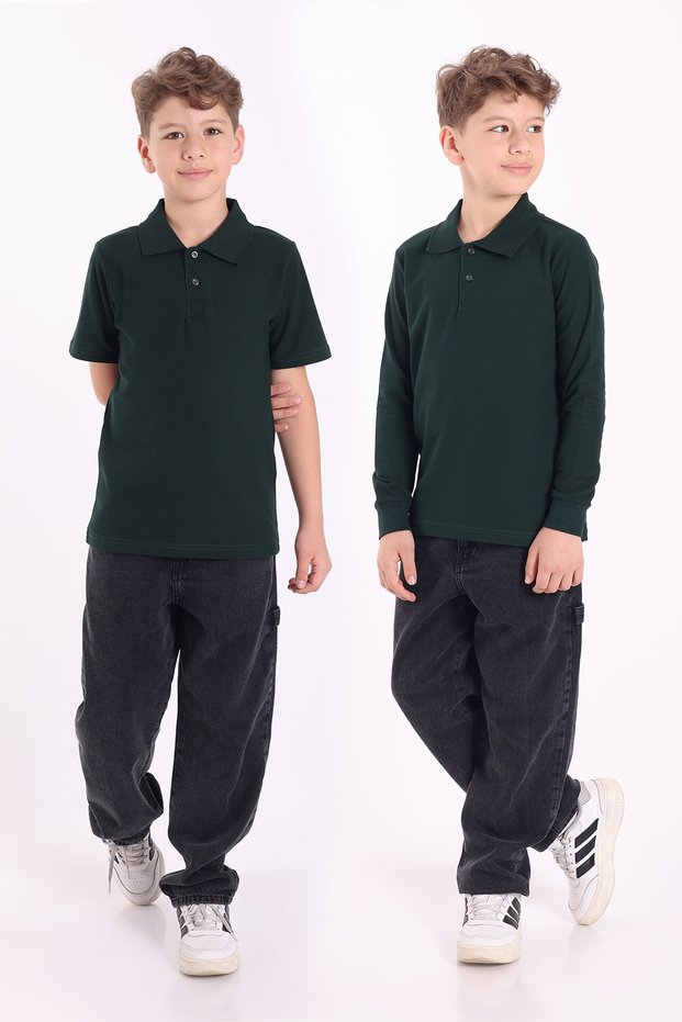 Unisex Children's Polo Neck School T-Shirt Basic Short Sleeve 2-Piece School Long Sleeve T-Shirt 5-16 Years Old Nefti