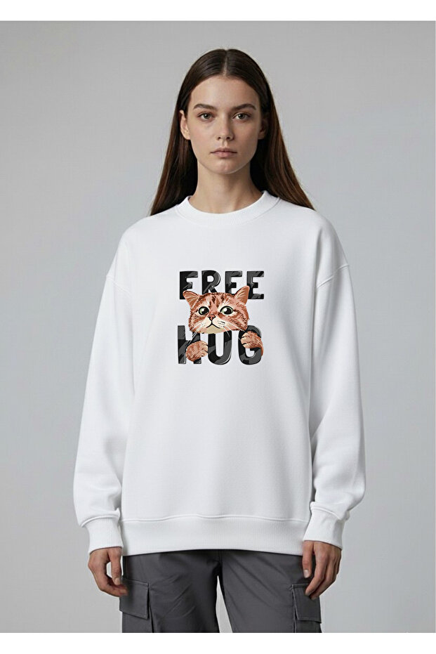 قصة فضفاضة سويت شيرت أبيض برقبة دائرية للجنسين FREE HUG مطبوع