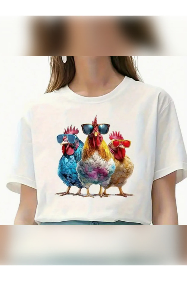 Unisex Oversized 3 Chicken Printed 100% Cotton 30/1 Crew Neck Short Sleeve White T-Shirt