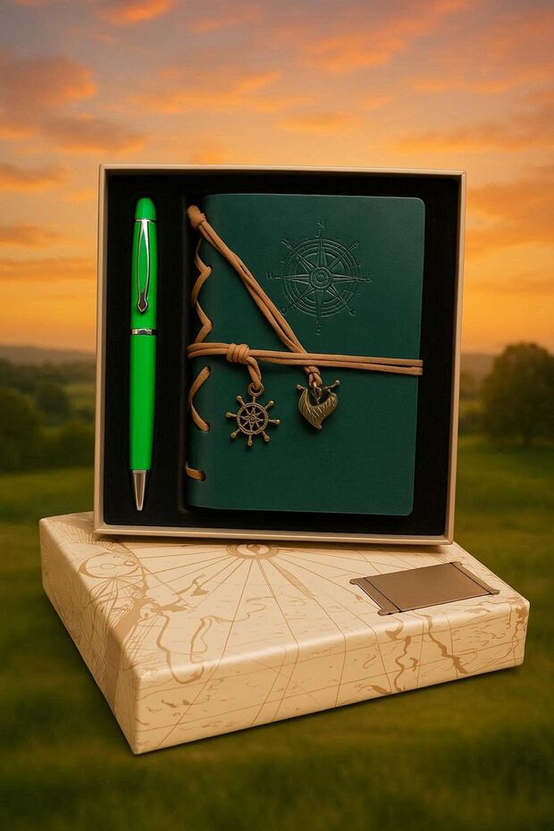 Luxury Vintage Leather Notebook with Compass Detail, Souvenir Diary with Antique Pages, Boxed Set with Vip Pen Gift