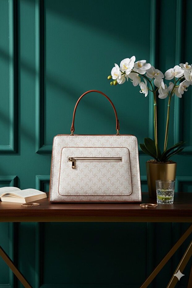 Cream Tan Detailed Patterned Women's Hand and Shoulder Bag | Stylish Office & Everyday Use | Premium Model