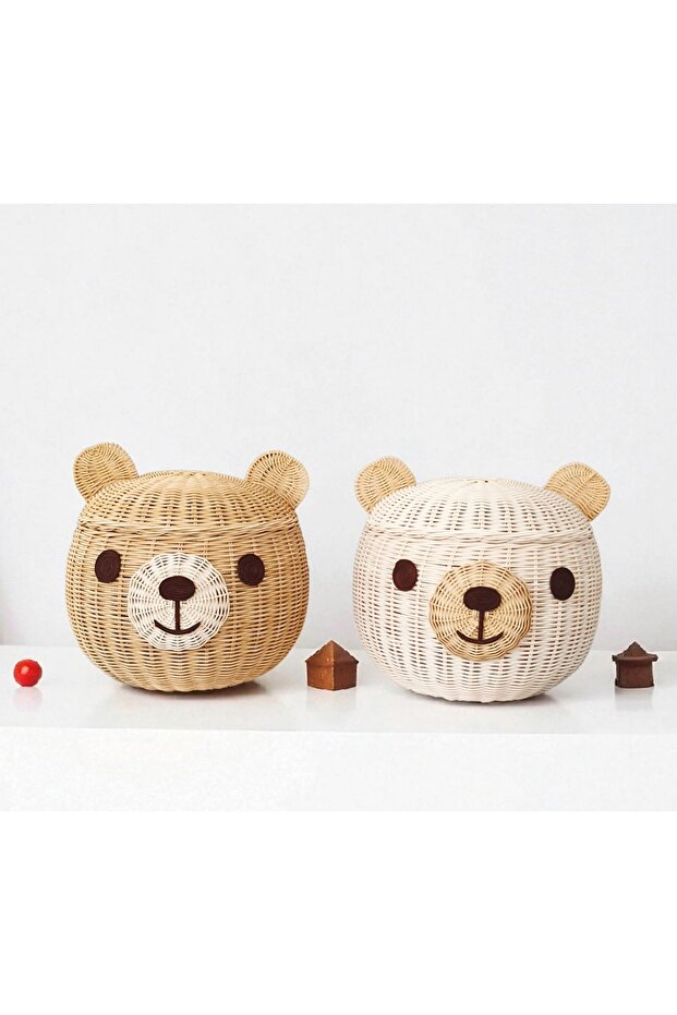 Natural Rattan Double Teddy Bear Basket Set (Large Size), Handwoven, Bamboo, with Lid, Functional