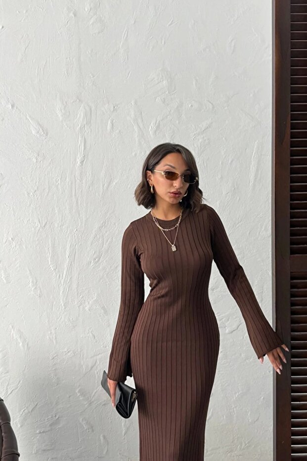 Zarif Uzun Boy Triko Elbise - Acı Kahve - 4