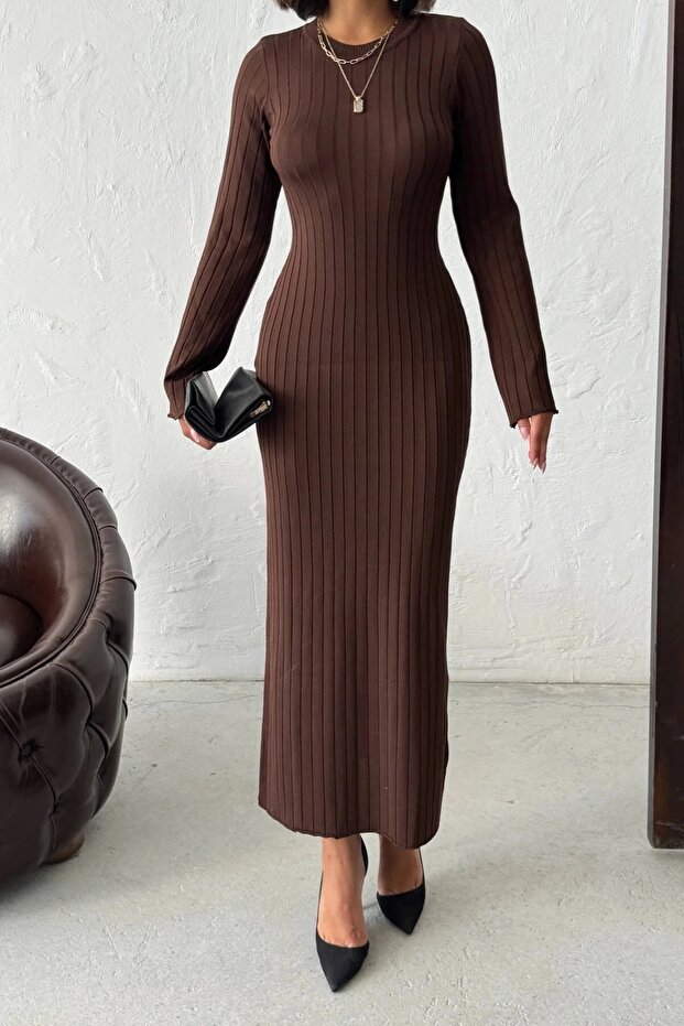 Zarif Uzun Boy Triko Elbise - Acı Kahve - 3