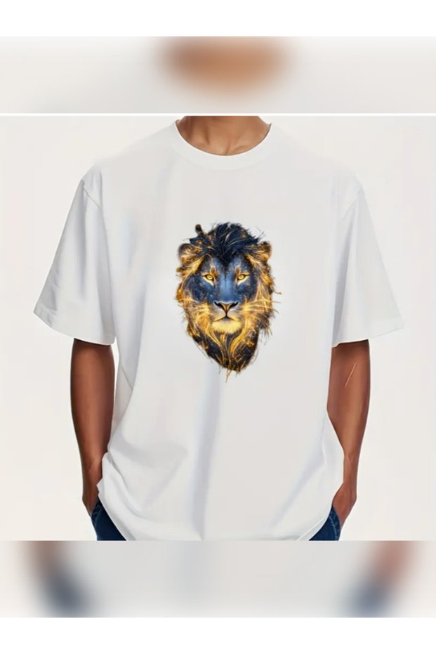 Unisex Oversized Aslan1 Printed 100% Cotton 30/1 Crew Neck Short Sleeve White T-Shirt