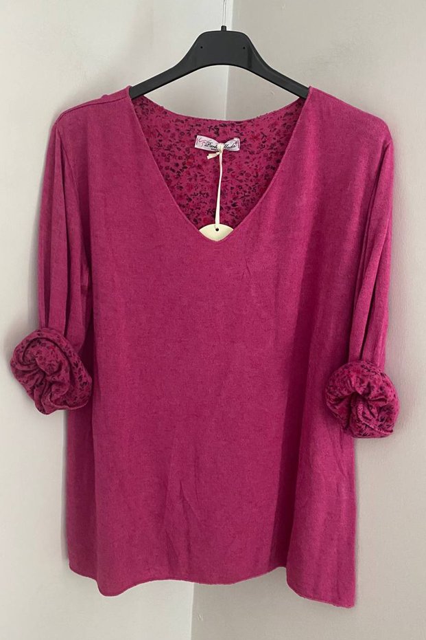 Women's Italian Fuchsia V-Neck Crisp Floral Patterned Viscose Angora Wool Blend Knitwear Blouse