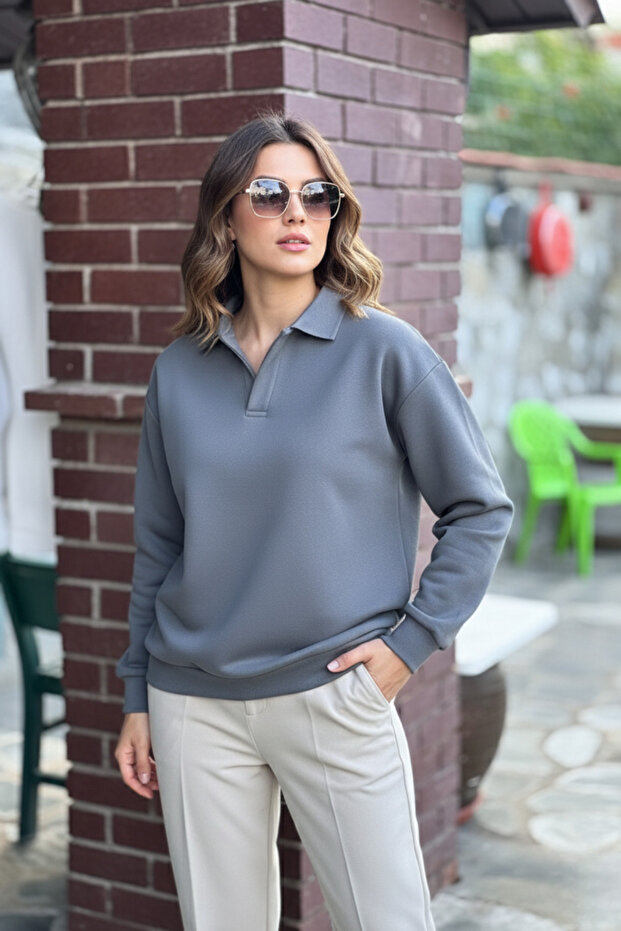 Women's Gray Polo Collar Cotton Soft Thick Fabric Oversized Sweatshirt
