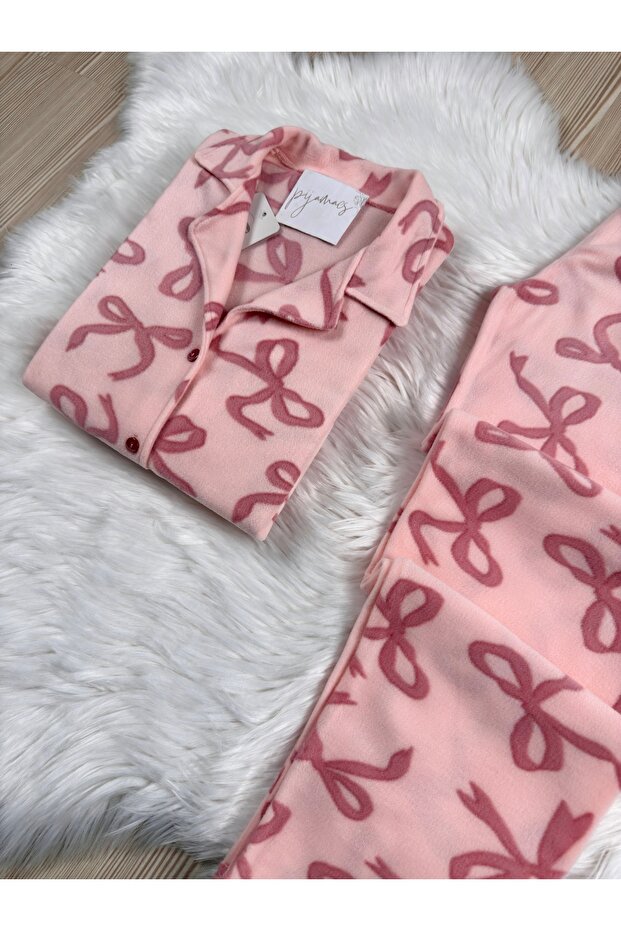 Pink Bow Patterned Front Buttoned Fleece Pajama Set - 4