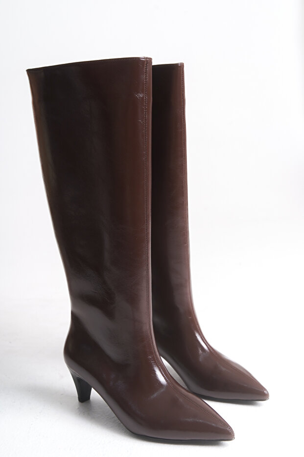 Women's Brown Patent Leather Heeled Pointed Boots