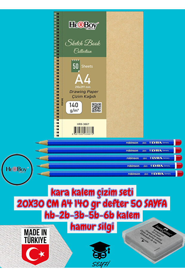 Black Pencil Drawing Set 20X30 cm A4 140 Gr Notebook 50 Sheets Hb-2B-3B-5B-6B Pencil Dough Eraser