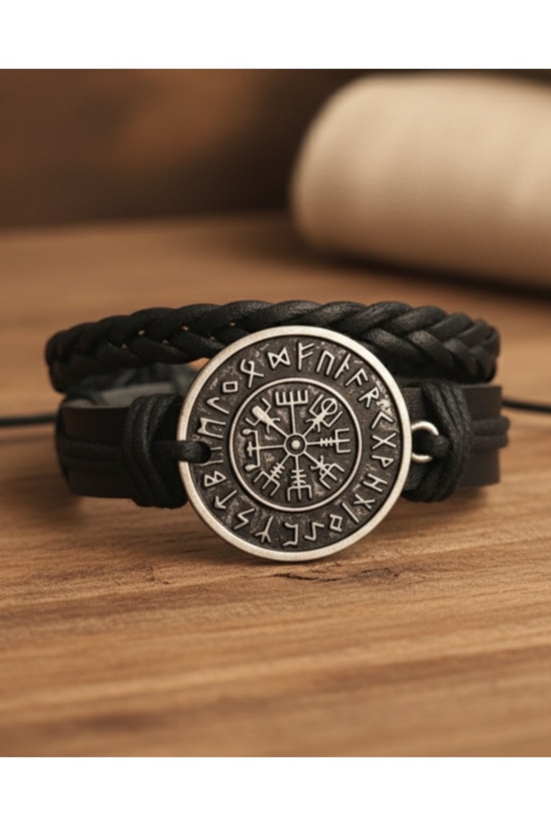 2-Piece Leather Bracelet Compass Vegvisir Design Adjustable Genuine Leather Bracelet Men's Bracelet