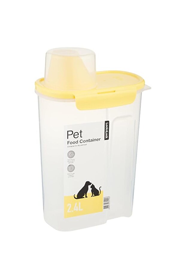 LocknLock Pet Dry Food Container with Measuring Cup, 2.4 Litre Capacity, Transparent/Yellow - 1