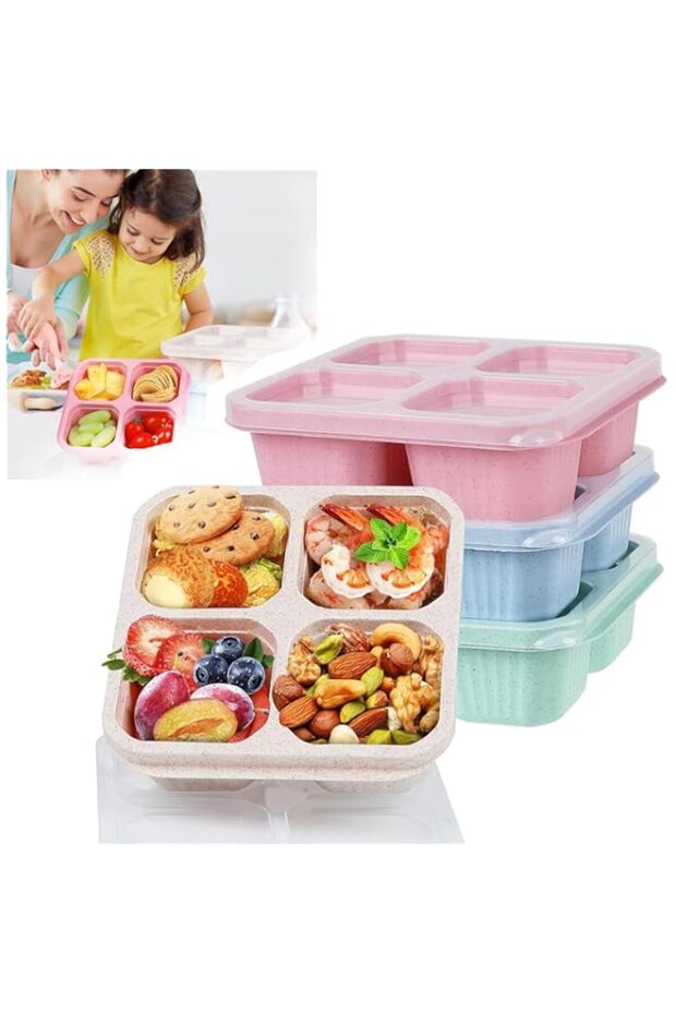 4 Pack Bento Snack Containers Set, Wheat Straw Meal Prep Lunch Box, 4 Compartment Snack Bento Boxes with Clear Lids, Microwave and Dishwasher Safe for Adults & Kids
