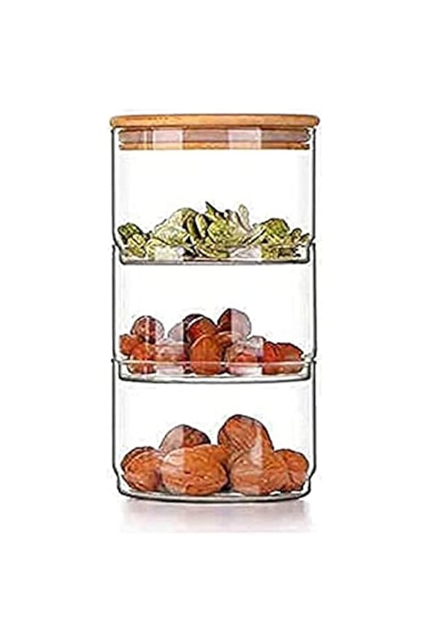 3 Layer Glass Food Storage Jar with Airtight Bamboo Lid, Borosilicate Containers for Kitchen, Stackable Pasta, Tea, Coffee, Cookies, Snacks