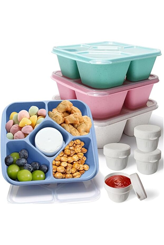 4 Pack Bento Snack Boxes with 4 Sauce Cups, Meal Prep Stackable Food Storage Containers Reusable Sn - 1