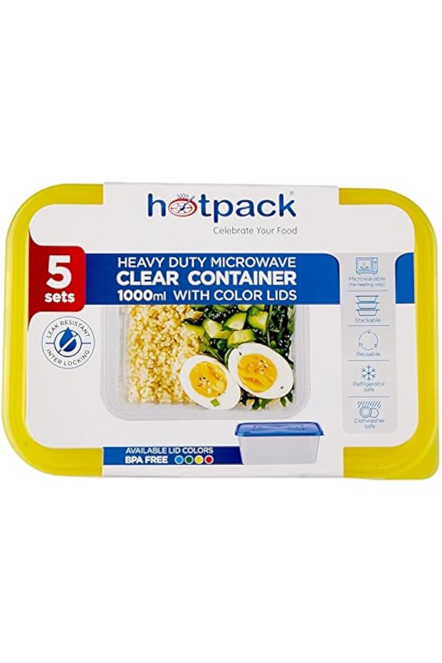 Heavy Duty Clear Microwave Container 1000ml with Multicolour Lids, 5 Sets
