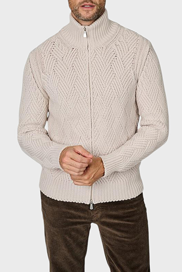 Wool & Cashmere Blend Regular Fit Mock Neck Zip Cardigan Men's Cardigan 10155 19654 113