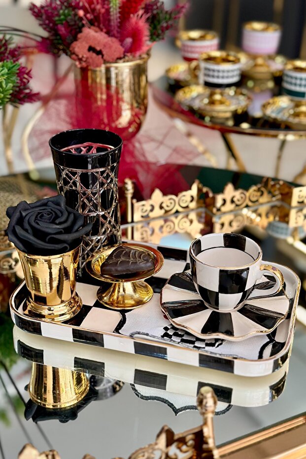 صينية عرض مستطيلة سوداء مربعة النقش - 4