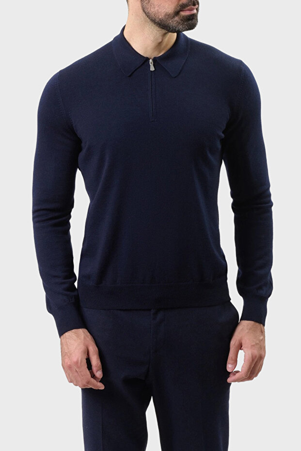 Corded Fabric % 100 Wool Regular Fit Half Zip Polo Neck Sweater Men's Polo Neck Sweater 55125