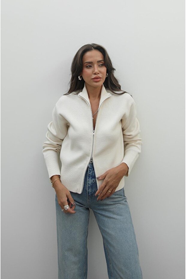 Ekru Çift Fermuarlı Hırka - 2