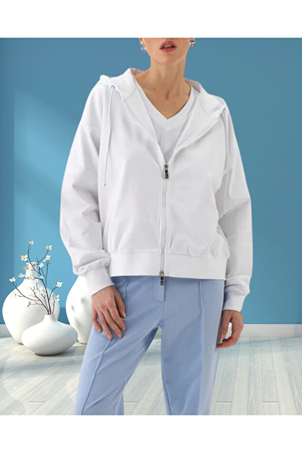 Women's Oversized Zipper Closure Hooded Knitted Cotton Sweat Jacket