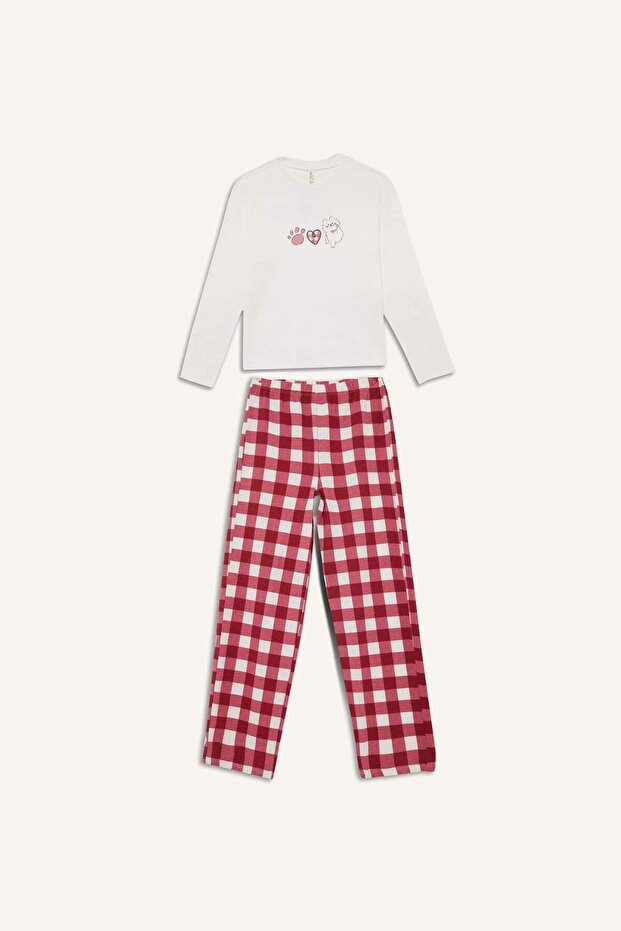 Kız Çocuk Pijama Takımı Baskılı Uzun Kollu Üst Kareli Uzun Alt F7287A825AU - 6