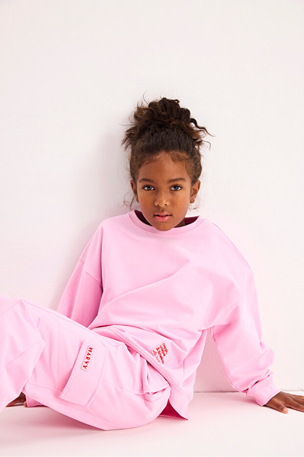 Pembe Oversize Nakışlı Sweatshirt - 1