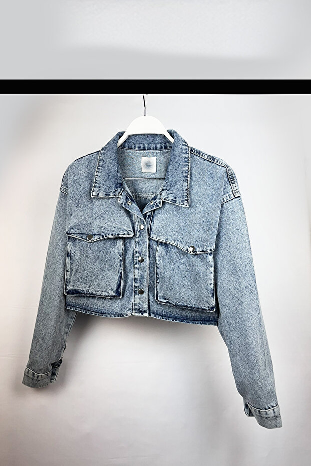 Mavi crop kesim jean ceket - 1