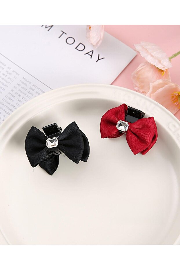 Satin Bow Model Oval Crystal Stone Detailed Red Color 4 cm Latch Buckle