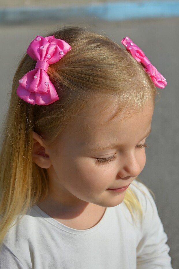 Stone Bowknot School Hair Clip for Girls, Pack of 2, Standard Fuchsia