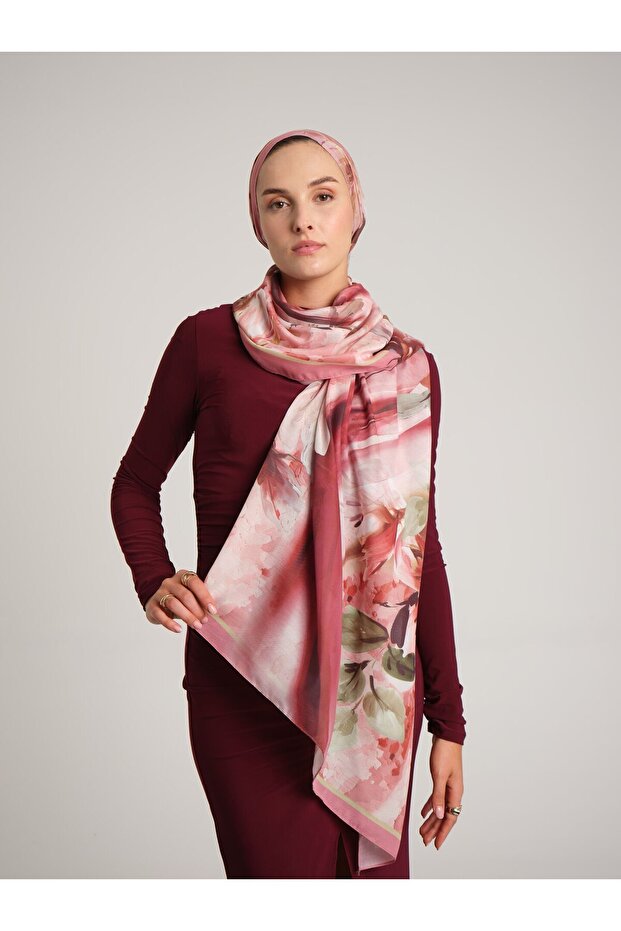 Floral Line Patterned Single-Sided Shawl - Dark Pink