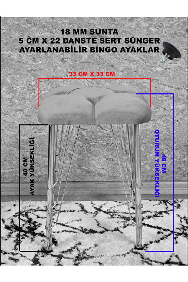 Kare Siyah Boyalı Telli Ayaklı Tabure - Oturak - Bar Taburesi - Ayaklı Tabure - 5