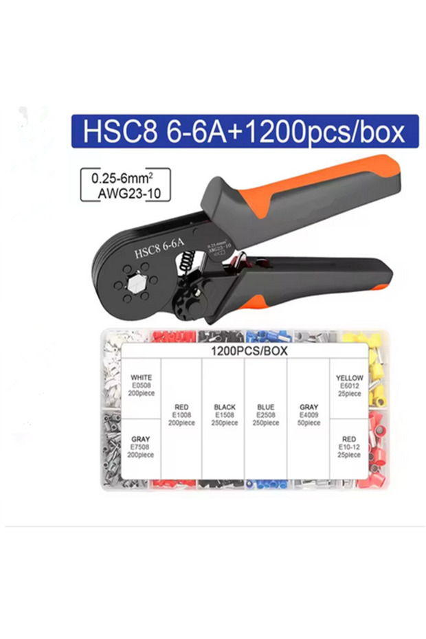 HSC8 6-6A 1200pcs Hexagonal Self-Adjustable Ratchet Ferrule Crimping Tool Kit 23-10AWG 0.25-6mm² Cri
