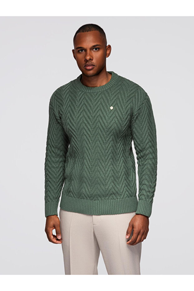 Ανδρικό Πουλόβερ με Ζιγκ-ζαγκ Twill - Θαμπό Πράσινο V2 OM-SWSW-0147 - 3