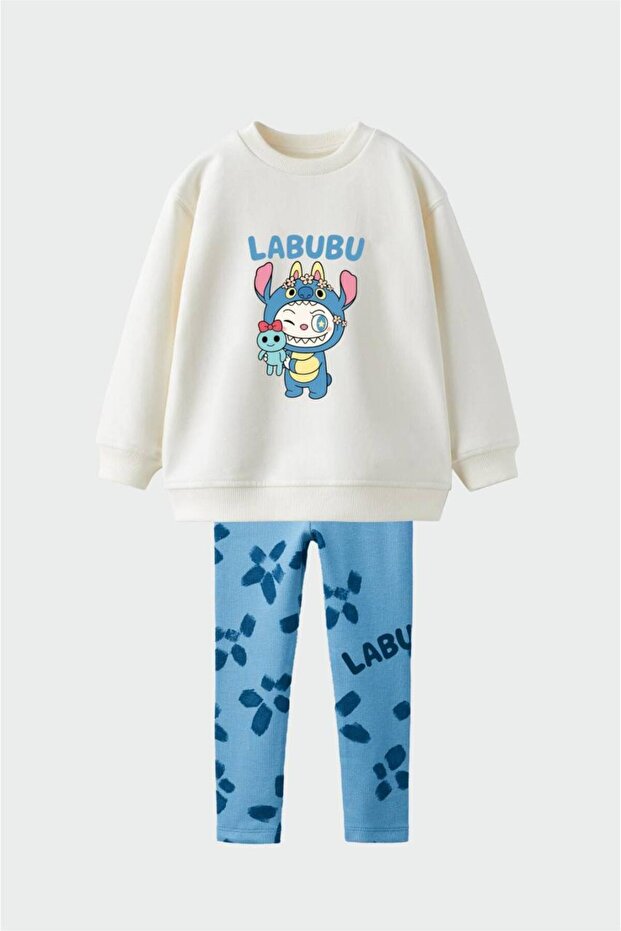 Labubu Pattern 100% Cotton White-Blue Girls' Bottom and Top Set