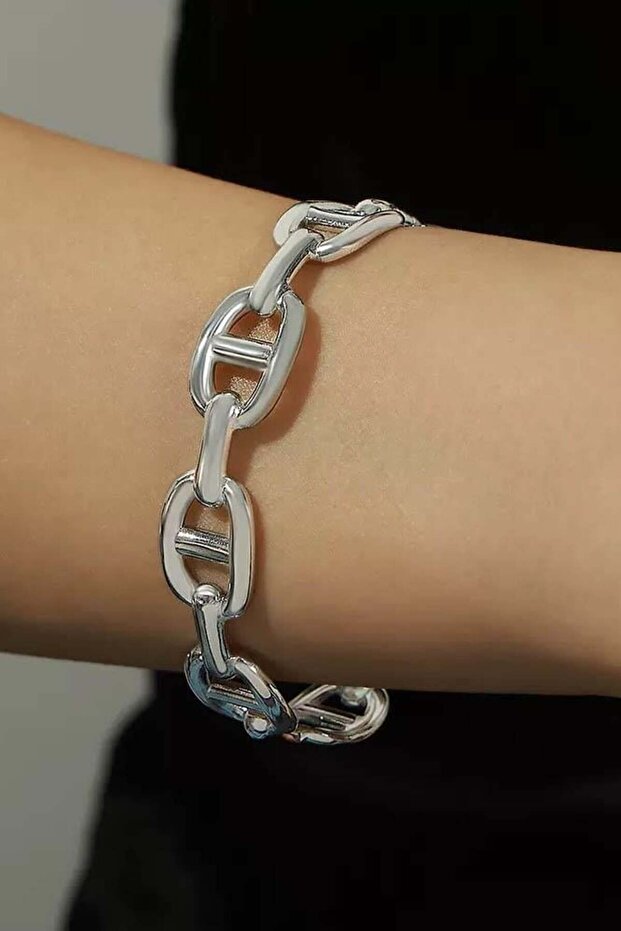 Silver Color Chain Detailed Steel Handcuff Bracelet