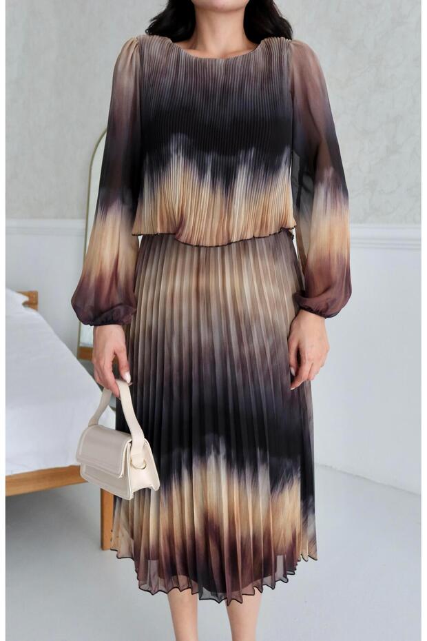 Siyah Batik Desenli Pliseli Midi Elbise - 5