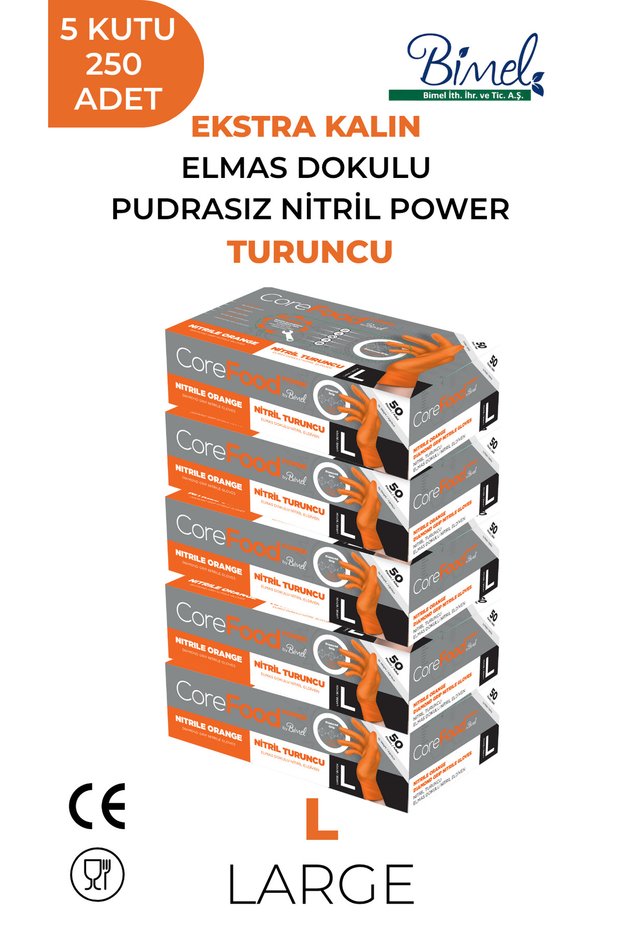 Nitrile Orange Power Powder-Free Examination Gloves L - 5 Packs of 50