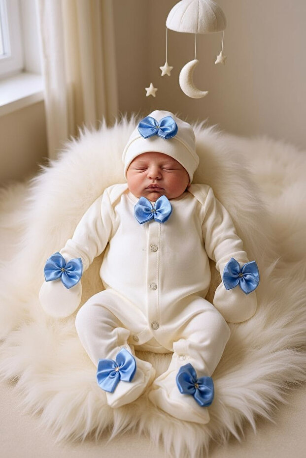 100% Cotton Baby Boy Hospital Release Romper Set – Blue with Bow Detail